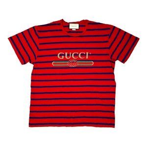 Men's GUCCI T-Shirt Stripes Linen Blend 80's Vintage Logo Large L $690